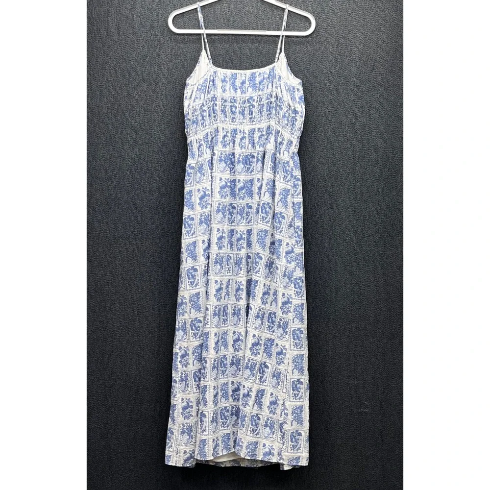 Abercrombie & Fitch Blue White Fruit Stamp Smocked Tie-Front Maxi Dress Flowy XL